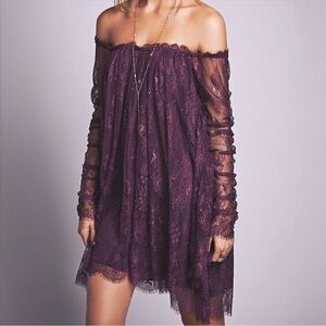 Free People Plum Off-Shoulder Lace Mini Dress